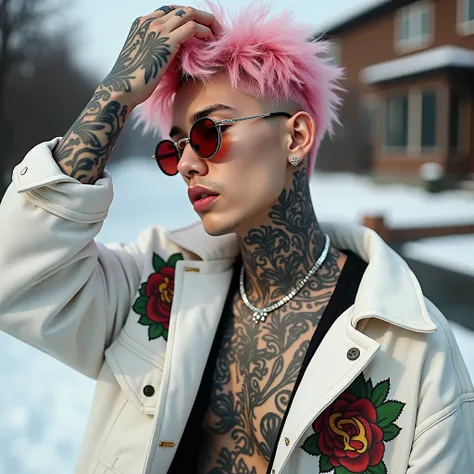 Korean Man With Short Medium Pink Hair In Front Of Eyes Curly Tattooed On Body With Tattoos Wears Punk Y2K Sunglasses, white gucci denim jacket, white jordan sneakers, he goes back into the snow touching his hair and he is on his knees in the snow