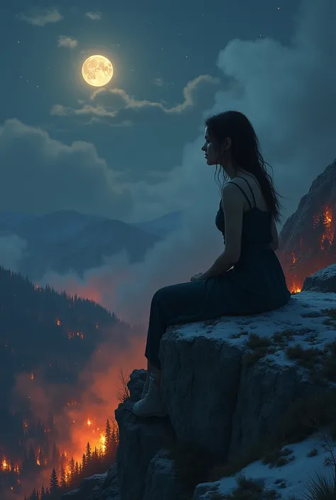 The half-length and profile picture of a woman who is sitting with her knees folded and her head resting on the top of a mountain looking at the burning of the forest at the bottom of the mountain, the moon and the full moon in the sky, the light of fire I...