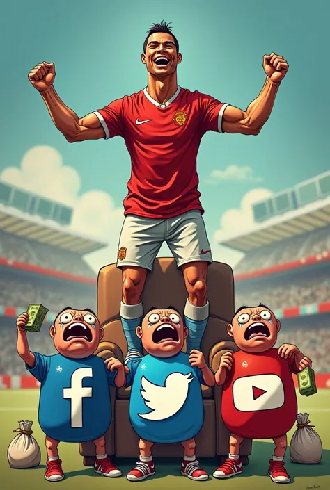 Cristiano rolando laughing and stand in chair and instagram, YouTube, Facebook, twitter cry  and give money to Cristiano rolando 