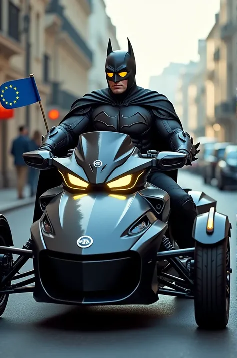 Can am spyder avec batman qui conduit avec des lunette jaune fluo avec les drapeau européen a larrière du véhicule 