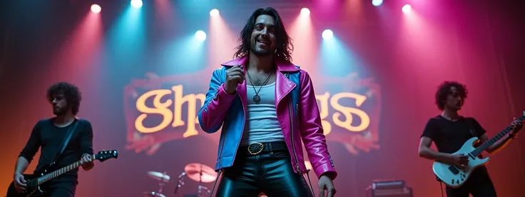 the realistic photo shows a 1 thin male, white teen boy rockstar singer 20 years old rockstar with medium length black hair, shaved, with a pink blue rockstar leather jacket, white tank top and black leather pants, sings with microphone on stage with light...