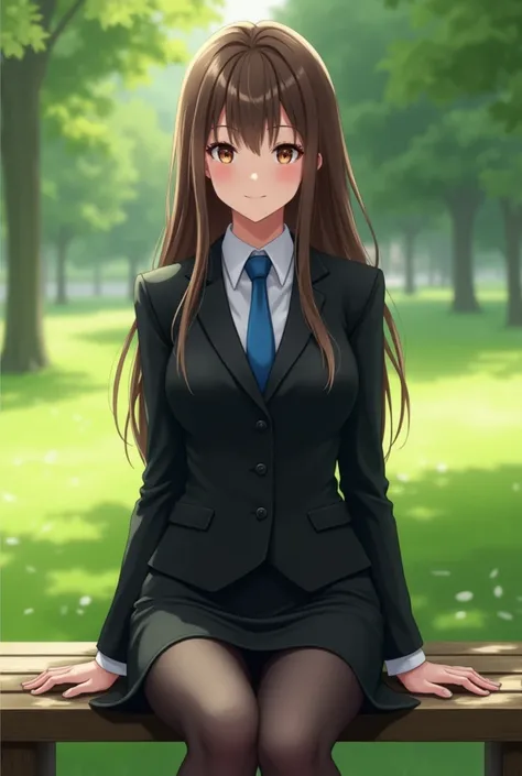 One Girl, (Beautiful girl, Delicate girl:1.3), (:1.3), full body,
break, (Black business suit, Blue tie:1.2),
break, (Lush green park, Sit on a bench:1.2),
break, Very beautiful eyes, (Symmetrical eyes:1.3),
break, Small breasts, Brown eyes, Parted bangs, ...