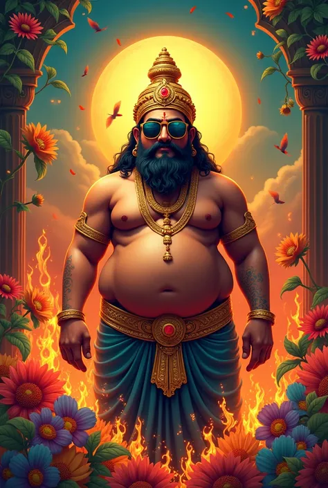 Create an onam poster with a maveli with big belly and he should wear a sunglass and fire and flower in background 