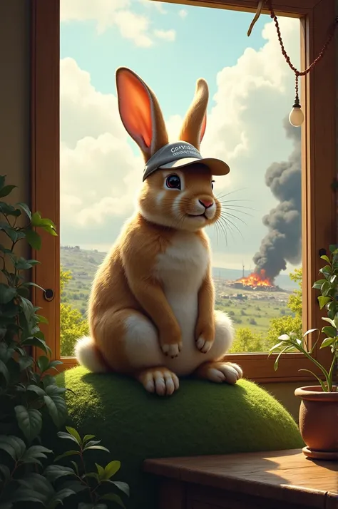 (photorealism:1.2), beautiful rabbit, sitting on hill, wearing cap, pajama pants, long ear, indoors, soft lighting, war in background, window with war zone, cozy room, relaxed pose, realistic, intricate details, warm colors, by haddiwale