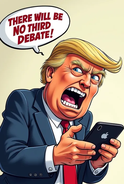 A cartoon of an angry Donald Trump tweeting “THERE WILL BE NO THIRD DEBATE!”, has tweeted in capital letters  