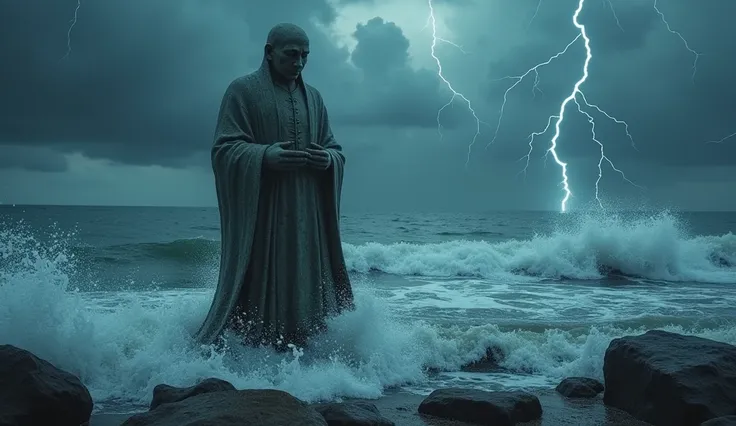 The stone statue of Malin Kundang lying on the beach was hit by big waves, against the background of a dark and turbulent sea, visual effects showing lightning flashes in the sky, waves hit statue in slow motion, creating the impression of an inescapable f...