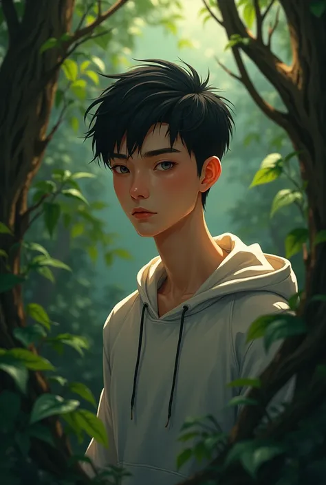 A 20 years slim boy with Jungle background and he dressed a hoodie potrait
