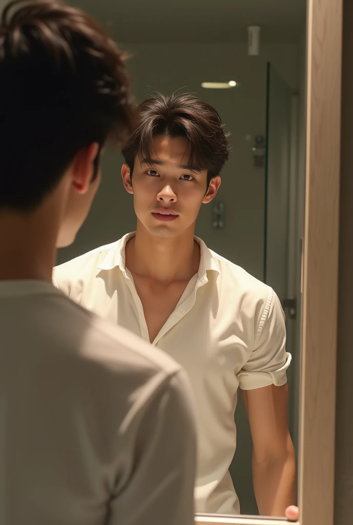 Japanese male。Wearing a shirt。　Johnny&#39;s-style handsome, slim and muscular。Taking a selfie in the mirror