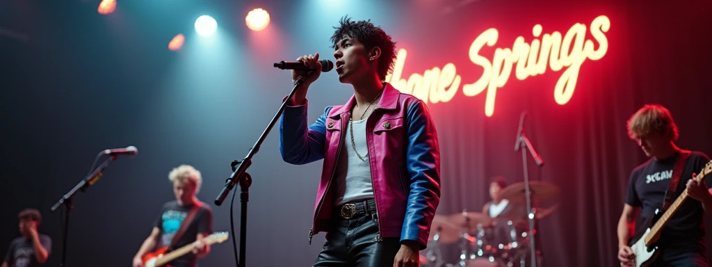 the realistic photo shows a 1 thin male, white teen boy rockstar singer 20 years old rockstar with medium length black hair, shaved, with a pink blue rockstar leather jacket, white tank top and black leather pants, sings with microphone on stage with light...