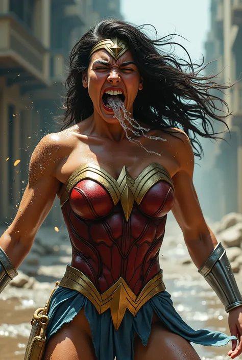 portrays a powerful, action-packed scene where a sweaty muscular Wonder Woman is being punched in the stomach by an unseen woman. Wonder Womans face contorted in pain, nausea and sickness. Wonder Womans mouth is open as she vomit- with a lot of water and s...