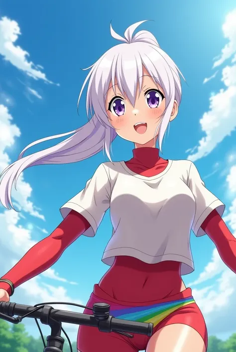 HD、Animation style、white hair 、Purple Eyes、girl、plump breasts 、High school student 、single ponytail、Baseball player、Light color short sleeve top、Long sleeve red underwear、Good shape、Thin、sash、Sky、cloud、sunny、Cycling