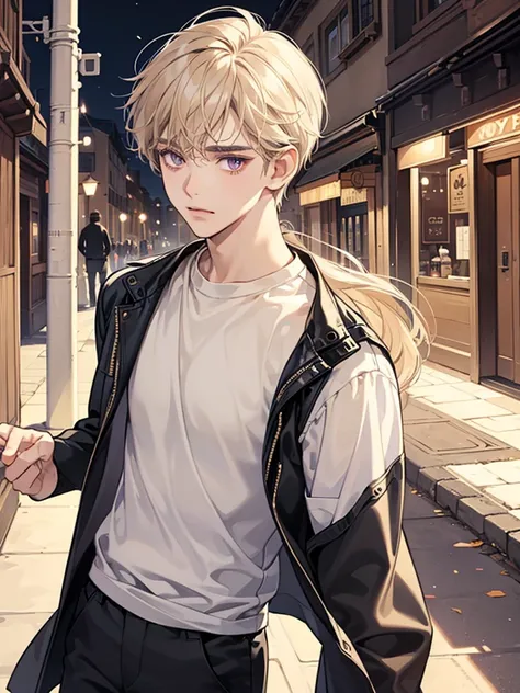 a boy with dark purple eyes. wavy short cream beige hair. he is happy and playing joyfully. Background in town. wear t shirt. and wear long black jacket. casual. cool, and handsome. and has bangs. he thin. he handsome. Background in town. his hair wavy. li...