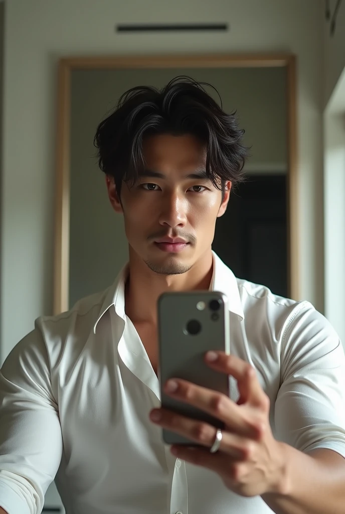 Japanese male。Wearing a shirt。　Johnny&#39;s-style handsome, slim and muscular。Taking a selfie in front of a mirror