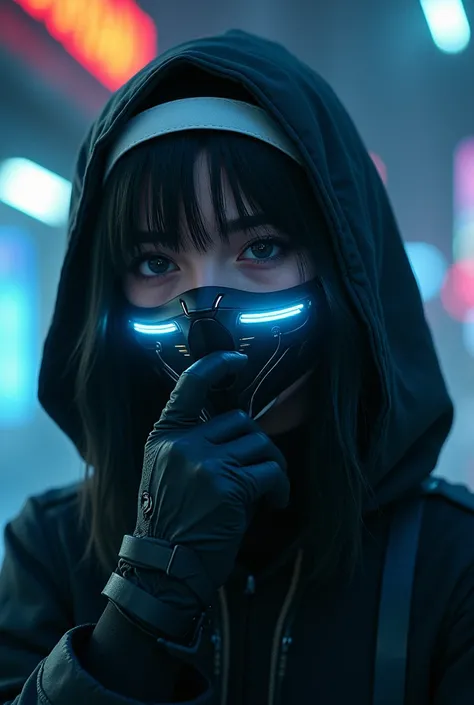 (awesome scene) Hooded boy wearing a cyber mask with led with medium length hair with a white band in his hair looking up and the camera positioned below the shoulder line and the boy with his gloved hand on his chin