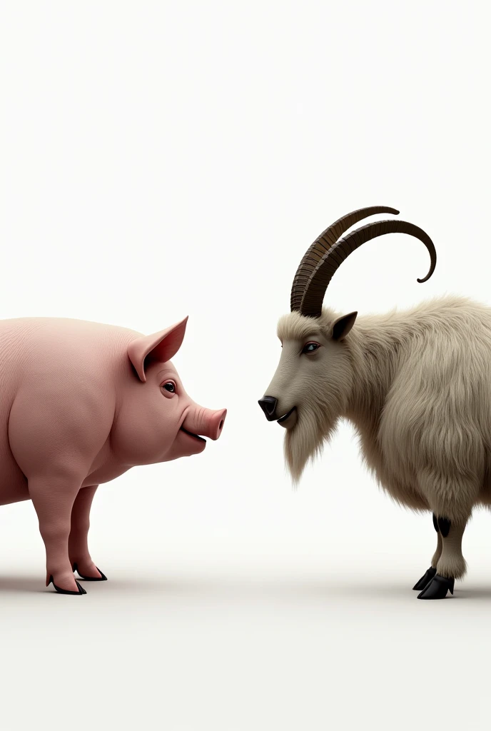 Big  Pig And the big  goat are standing face to face but are standing separately, the background is white.