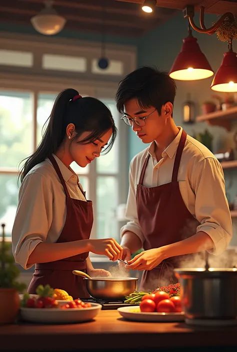 Young woman with man facing front cooking in Rahayu Ges Resto restaurant