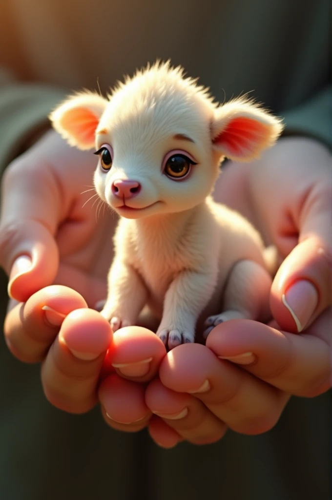 finger size tiny cute calf in human hand