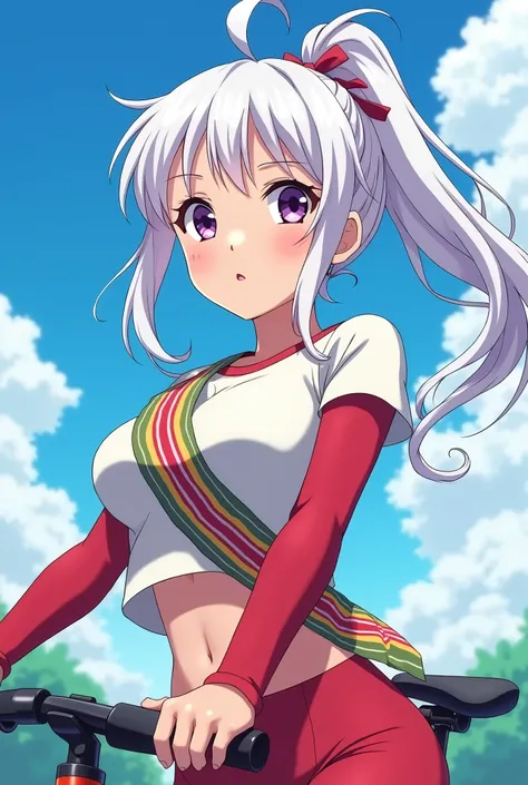 HD、Animation style、white hair 、Purple Eyes、girl、plump breasts 、High school student 、single ponytail、Baseball player、Light color short sleeve top、Long sleeve red underwear、Good shape、Thin、sash、Sky、cloud、sunny、Cycling