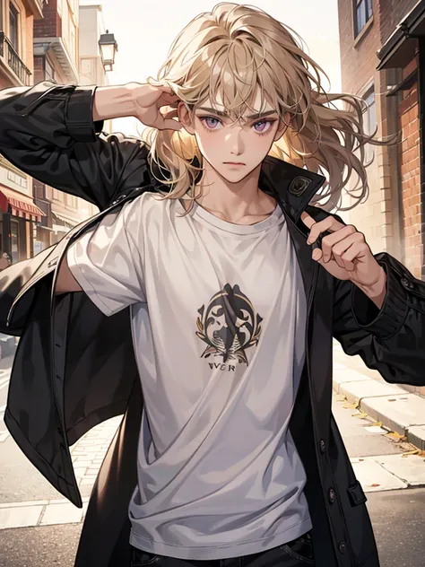 a boy with dark purple eyes. wavy short cream beige hair. he is happy and playing joyfully. Background in town. wear t shirt. and wear long black jacket. casual. cool, and handsome. and has bangs. he thin. he handsome. Background in town. his hair wavy. li...