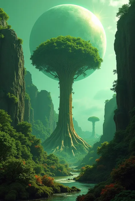 a dense alien forest with a large cliff, greenish sky with large water green planet, huge tree in liquid metal