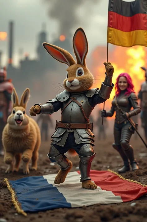 French flag on muddy ground . A rabbit dances on it(humanoid männlich) in knight&#39;s armor , next to it a lama with pink hair laughing mischievously. A female rabbit(humanoid) bent over laughing and in leather armor with a whip in his hand. Next to it a ...