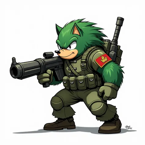 Green gorilla-like hedgehog　uniform　He&#39;s got a big machine gun　comics　cheap　White background　Hedgehog Strong　Heavy equipment　Stop being like Sonic