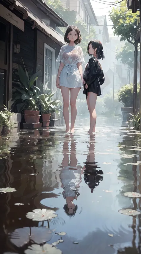 (masterpiece:1.3), quality, quality, Delicate and beautiful:1.2, ((3 girls)), puddle, A wet, see-through man&#39;s shirt，Upper Leg (The three girls have perfect figures., Beautiful shape, elongated body shape)),(Upper body shot:1.1), (View from the front:1...