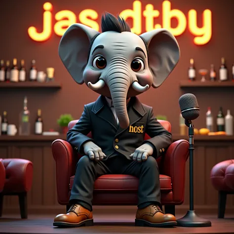 (a cute elephant head man) wearing black jacket, black hair, very little beard, (text written “HOST” on jacket), (brown leather shoes), sitting on a sofa, a mic stands in front of sofa, bar as background, (a 3D text written "JAS DTBY” as headline), 3d cari...