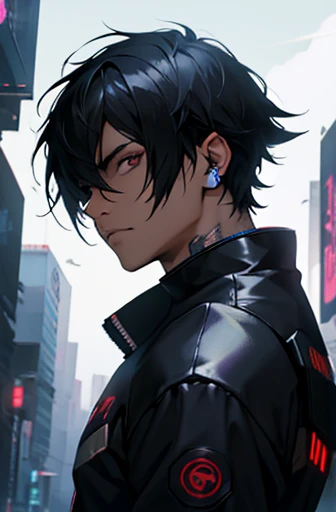 Futuristic、Black Hair, Cyberpunk Anime Boy, Mecha Cyber Armor Boy.One eye shining