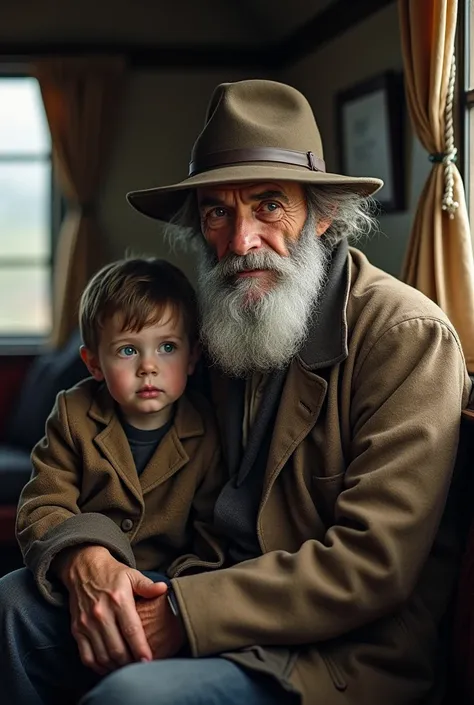 old guy with beard and a hat sitting in a train next to a kid