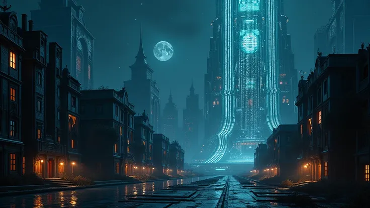 fantasy city at night, maze-like street, circuit-like building, dark background