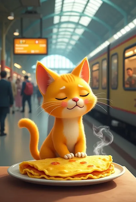 A yellow cat eats an omelette at a train station