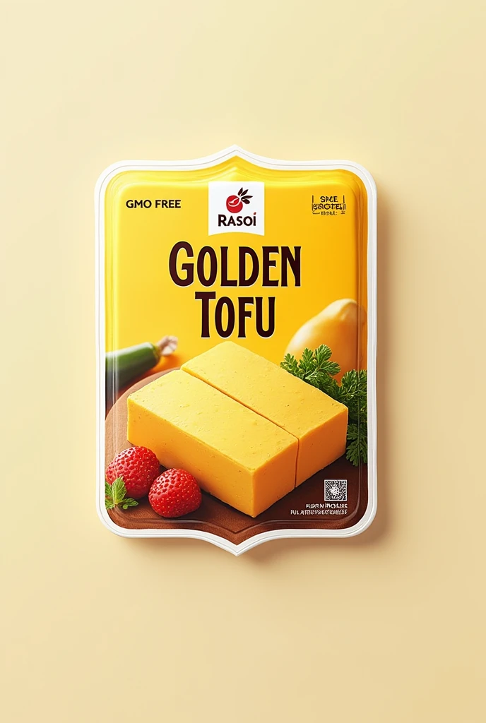 Make a photo of a sticker that I could put on my soy tofu packaging.  My tofu is gmo free and high in protein and fiber.  The name of this tofu segment is Golden Tofu and the company name is rasoi.  Mention all these things in the sticker.