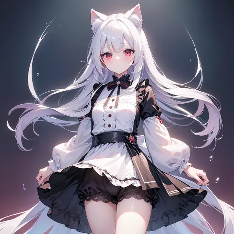 ((masterpiece, Highest quality, Highly detailed CG, unity 8k wallpaper,)), One woman, darkness、 Maid clothes with short skirts、I can barely see your face、Red eyes、assassin、Eyes that shine mysteriously、White Hair、Wolf Cut、I can see your thighs、I can see you...