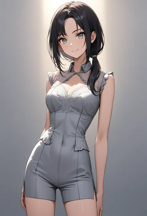 best quality, masterpiece, illustration, stoic, A 20-year-old gravure idol, a cute woman, with the highest level of sophistication, neatness, lightness, and femininity, ((detailed gray eyes:1.2)), pointy medium breasts, tall at 1.58meters, slender legs, bl...