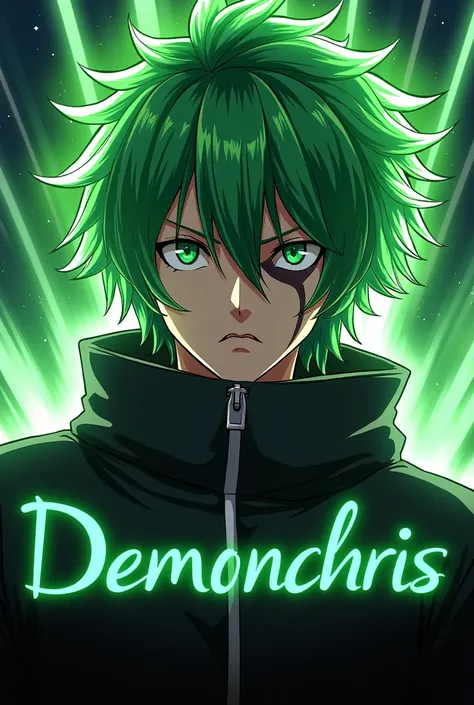 
"A YouTube channel banner for the channel DemonChris, featuring a vibrant anime character with bright green hair. The character has a scar over their left eye and a determined, slightly serious expression. The character is positioned in the center of the ...