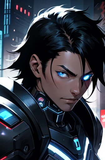 Black and White、Futuristic、Black Hair, Cyberpunk Anime Boy, Black shiny mecha cyber armor boy.One eye glows