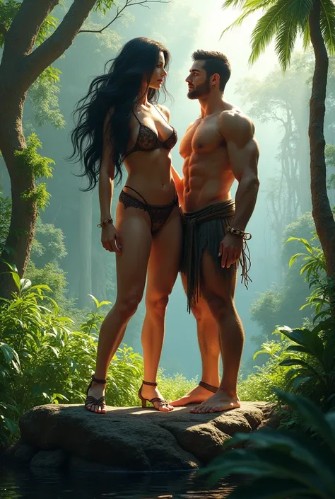 a beautiful tall woman, 8 feet tall, sexy, muscular, curvy body, long black hair, wearing a sexy outfit, standing on top of a rock with a 6 feet tall jungle man, forest background, front studio lighting, full body shot