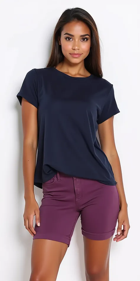 a young woman in a black blouse and purple shorts posing for a photo, mesh shirt, back arched, navy blue shirt, com t - shirt rasgada, Indigo, productphoto, t - shirt azul apertada, back arched, vestindo uma t - shirt preta, dark blue shirt, 4 5 them, full...