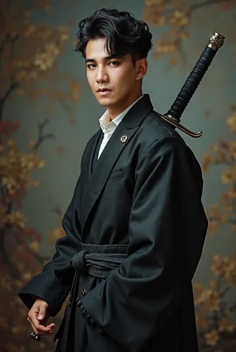 A handsome guy, fair skinned asian, kpop hairstyle two blocks, holding a sword, black colored curly hair, a masterpiece, uhd, neat face, no mustache, no facial hair