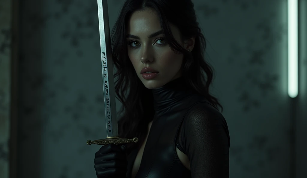 A murderer, Apollonia the Stone ,beautiful and detailed eyes,beautiful detailed lips,extremely detailed face,long eyelashes,black catsuit,assassin suit,holding a sword,The sword has letters engraved on it "INVICTUS STORIES KCHDOM" Sobre el filo dramatic li...