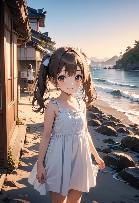 Very cute and beautiful girl,Anime Girls_1 person, Ryujo_Kantai Collection,Standing,small,brown_hair, Twin tails, brown_eye, correct,(非常に洗練された美しい顔とeye),Very young child,
Locations in Japan,The sun has set, At the Beach, Admire the beach views, Wearing a wh...