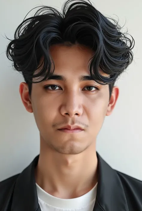 A handsome guy, fair skinned asian, kpop hairstyle two blocks, black colored curly hair, a masterpiece, uhd, neat face, no mustache, no facial hair