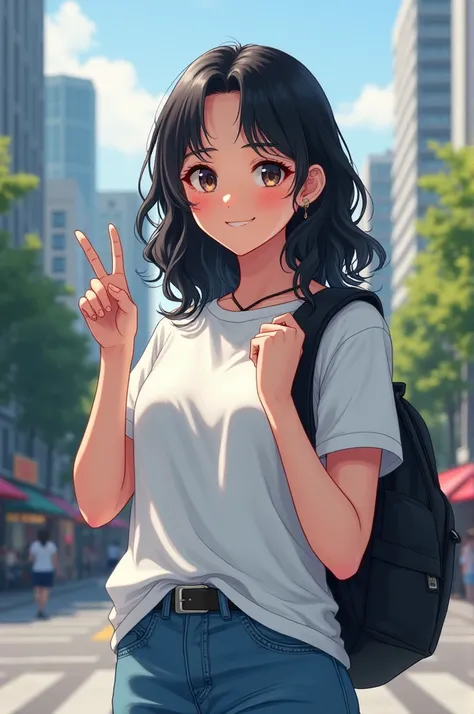 A medium shot of a girl with medium-length, wavy black hair, wearing a casual t-shirt. She has a black school bag slung over one shoulder, holding the bags handle with the same hand. Her other hand is raised in a V-sign pose, and she has a confident, sligh...