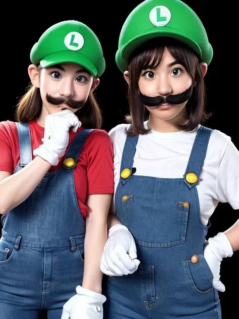 2 girls, (girl cosplaying as mario and girl cosplaying as luigi, [the girl dressed as mario has brown bob hair and brown big eye...