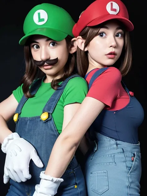 2 girls, (girl cosplaying as mario and girl cosplaying as luigi, [the girl dressed as mario has brown bob hair and brown big eye...