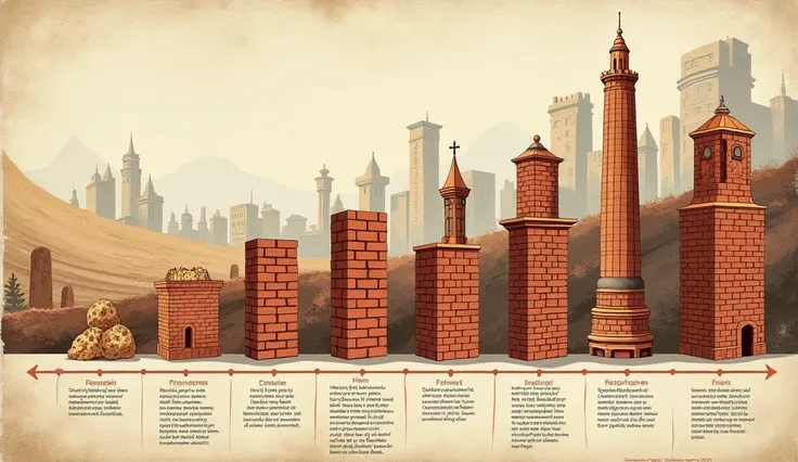 Create a banner image that showcases the evolution of brickmaking, starting with ancient sun-dried bricks and moving toward modern, industrially produced bricks. The image should include a timeline, with each type of brick and a corresponding historical st...