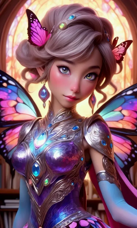 a cute yuna, magical art elf, butterfly wings, enormous gem eyes, four arms, sparkly colorful dress, toolbelt loaded with art supplies, working on an art project, enormous desk, detailed facial features, highly detailed, cinematic lighting, vibrant colors,...