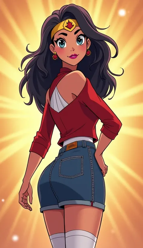 (Close up), (Close up from top of head to bottom of thigh) ((Diana Prince from DC Super Hero Girls 2019)), Diana is a slender, beautiful and tall and tan-skinned young Amazonian demigod with an athletic and fit hourglass figure, thick black eyebrows, sky-b...