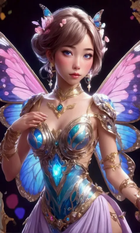 a cute yuna, magical art elf, butterfly wings, enormous gem eyes, four arms, sparkly colorful dress, toolbelt loaded with art supplies, working on an art project, enormous desk, detailed facial features, highly detailed, cinematic lighting, vibrant colors,...